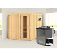 Sauna aus Holz mit Saunaofen und Steuerung