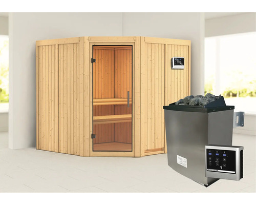 Sauna modulaire Karibu Jarina avec poêle 9 kW et commande externe sans couronne avec porte entièrement vitrée transparente Sauna modulaire Karibu Jarina avec poêle 9 kW et commande externe sans couronne avec porte entièrement vitrée transparente