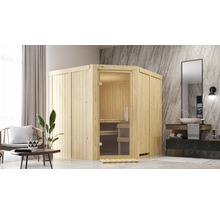 Ecksauna aus Holz mit Glastür in einem Badezimmer