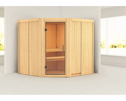 Sauna modulaire Karibu Jarina sans poêle et couronne avec porte entièrement vitrée transparente Sauna modulaire Karibu Jarina sans poêle et couronne avec porte entièrement vitrée transparente