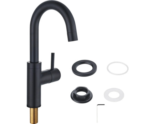 Schwarzer Wasserhahn mit Montagezubehör