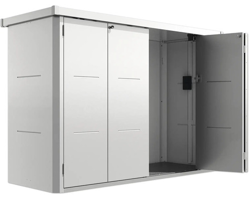 Metall Gerätehaus mit Doppeltür, teilweise geöffnet