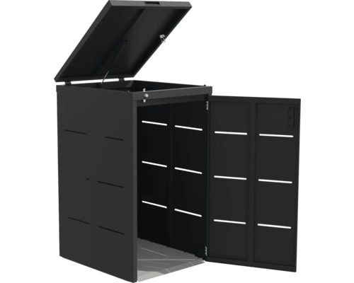 Geöffnete schwarze Gerätebox zur Aufbewahrung im Aussenbereich