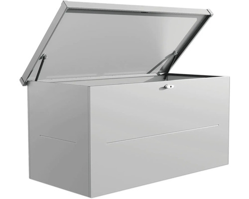 Boîte de rangement en métal ouverte pour l''extérieur.