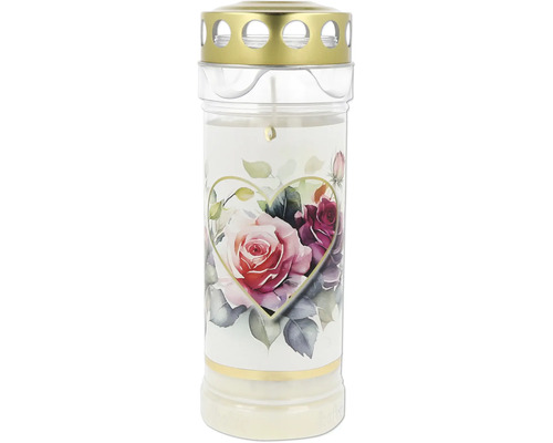 Bougie funéraire Hofer Premium 7 jours cœur h 21,8 cm blanc Bougie funéraire avec motif de cœur de roses