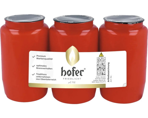 Bougie funéraire lampe à huile Hofer set de 3 9,5 cm rouge Trois veilleuses funéraires rouges de la marque Hofer Friedlicht