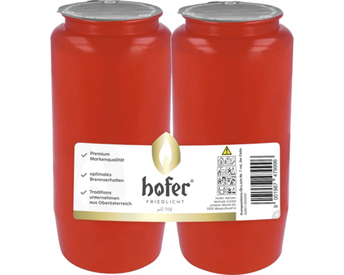 Grablicht Öllicht Hofer 14,3 cm kompostierbar rot Zwei rote Grabkerzen mit silberner Abdeckung