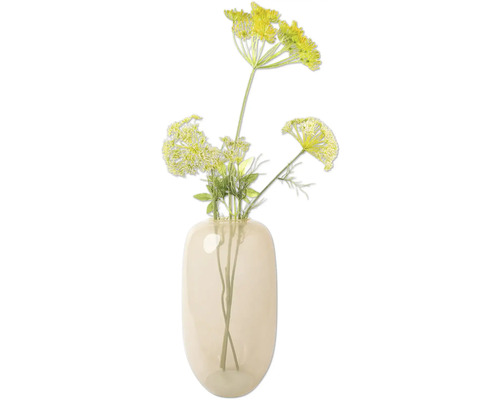 Dekorative gelbe Blüten in einer beigefarbenen Glasvase