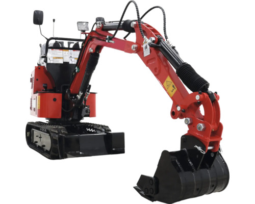 Roter Minibagger mit Kettenlaufwerk und Schaufel