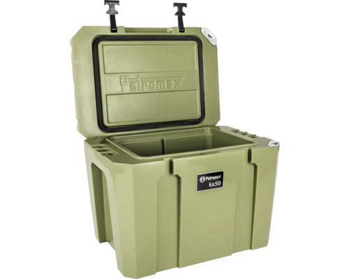 Geöffnete, grüne Petromax Kühlbox kx50