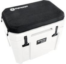 Weisse Kühlbox mit schwarzem Sitzkissen und Petromax Logo