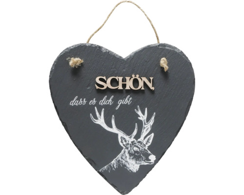 Panneau décoratif en forme de cœur en ardoise avec motif de cerf et inscription