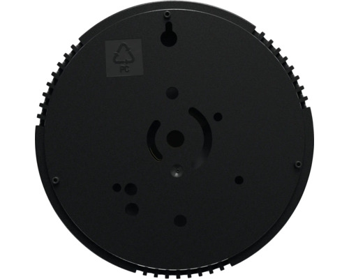 Runde, schwarze LED-Leuchte von hinten mit Montagevorrichtungen und Recycling Symbol