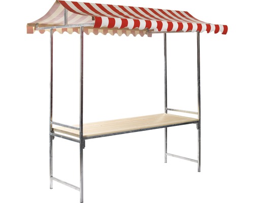 Stand de marché VEBA Professional 1,44 m²215 x 70 cm rouge blanc Stand de vente avec store rayé rouge et blanc et plateau de table en bois
