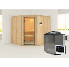 Sauna d''angle avec poêle de sauna et commande de sauna dans une pièce lumineuse