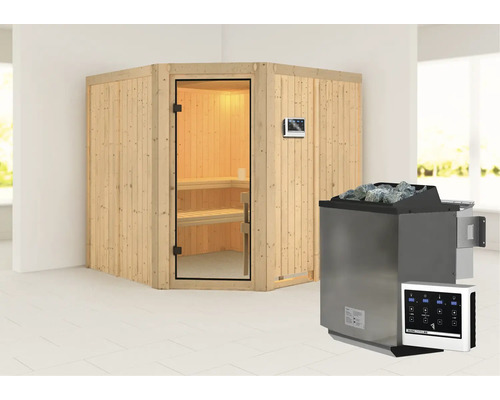Elementsauna Karibu Kotka inkl. 9 kW Bio Ofen u.ext.Steuerung ohne Dachkranz mit bronzierter Ganzglastüre Elementsauna Karibu Kotka inkl. 9 kW Bio Ofen u.ext.Steuerung ohne Dachkranz mit bronzierter Ganzglastüre