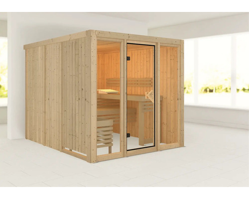 Sauna en bois avec porte en verre et bancs