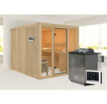 Sauna aus Holz mit Saunaofen und digitalem Bedienfeld