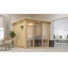 Holzsauna mit Glastür und digitalem Bedienfeld in einem hellen Raum