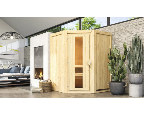 Sauna modulaire Karibu Larina sans poêle et couronne avec porte en bois avec verre à isolation thermique