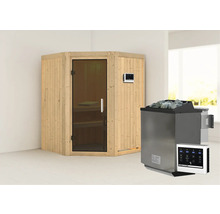 Sauna d''angle en bois avec porte en verre et poêle de sauna avec pierres ainsi que commande correspondante