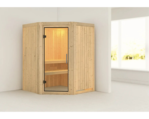 Sauna intérieure en bois avec porte en verre et deux bancs