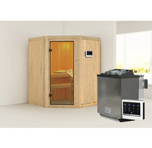 Sauna d''angle en bois avec poêle de sauna et commande