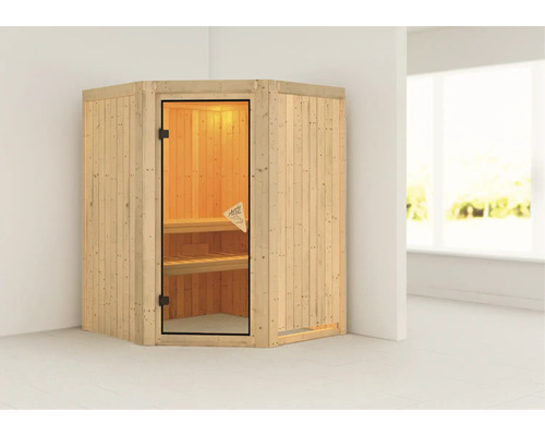 Sauna modulaire Karibu Larina sans poêle et couronne avec porte vitrée coloris bronze Sauna en bois avec porte en verre et bancs