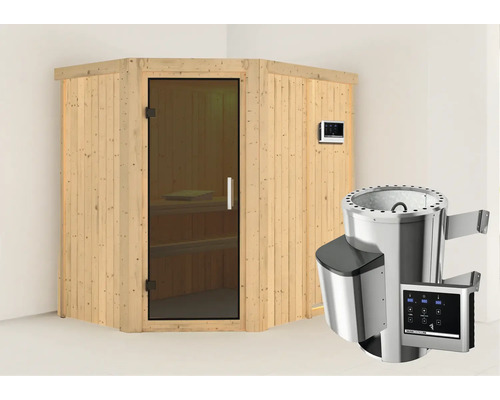 Sauna Plug & Play Karibu Laja avec poêle 3,6 kW et commande externe sans couronne, avec porte entièrement vitrée coloris graphite