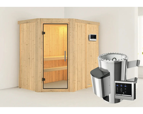 Sauna Plug & Play Karibu Laja avec poêle 3,6 kW et commande externe sans couronne, avec porte entièrement vitrée transparente