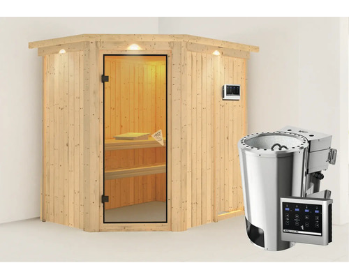 Sauna Plug & Play Karibu Laja avec poêle bio 3,6 kW et commande externe, avec couronne et porte entièrement vitrée coloris bronze