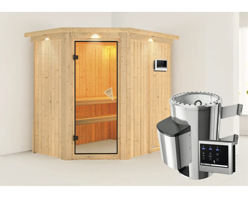 Sauna Plug & Play Karibu Laja avec poêle 3,6 kW et commande externe, avec couronne et porte entièrement vitrée coloris bronze