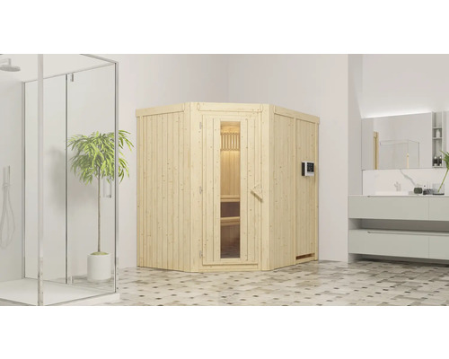 Sauna Plug & Play Karibu Laja poêle 3,6 kW et commande externe, sans couronne et porte en bois avec verre à isolation thermique