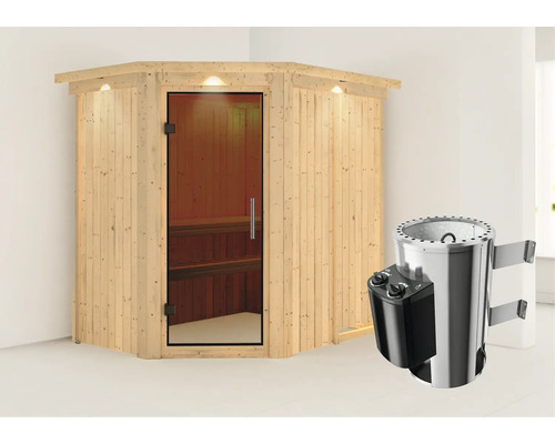 Sauna Plug & Play Karibu Laja avec poêle 3,6 kW et commande intégrée, avec couronne et porte entièrement vitrée coloris graphite