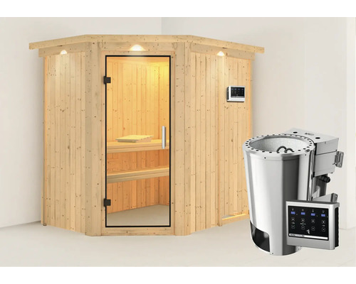 Sauna Plug & Play Karibu Laja avec poêle bio 3,6 kW et commande externe, avec couronne et porte entièrement vitrée transparente