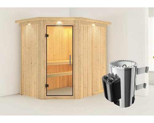 Sauna Plug & Play Karibu Laja avec poêle 3,6 kW et commande intégrée, avec couronne et porte entièrement vitrée transparente