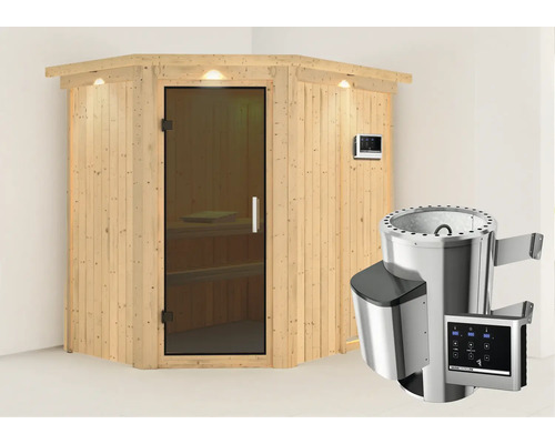 Sauna Plug & Play Karibu Laja avec poêle 3,6 kW et commande externe, avec couronne et porte entièrement vitrée coloris graphite