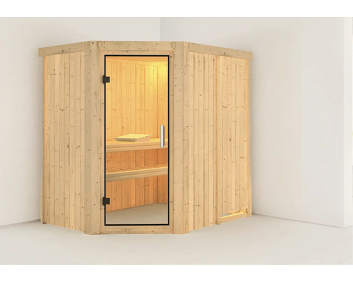 Plug & Play Sauna Karibu Laja ohne Ofen ohne Dachkranz mit Ganzglastüre aus Klarglas