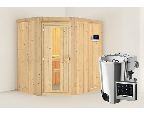 Sauna Plug & Play Karibu Laja poêle Bio 3,6 kW et commande externe, sans couronne, avec porte bois en verre isolé thermiquement