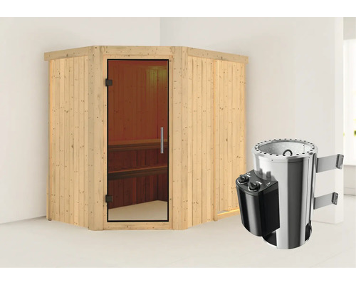 Sauna Plug & Play Karibu Laja avec poêle 3,6 kW et commande intégrée, sans couronne, avec porte entièrement vitrée coloris graphite