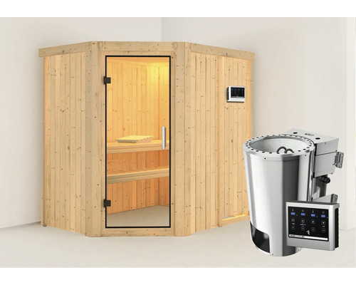 Sauna Plug & Play Karibu Laja avec poêle bio 3,6 kW et commande externe sans couronne, avec porte entièrement vitrée transparente