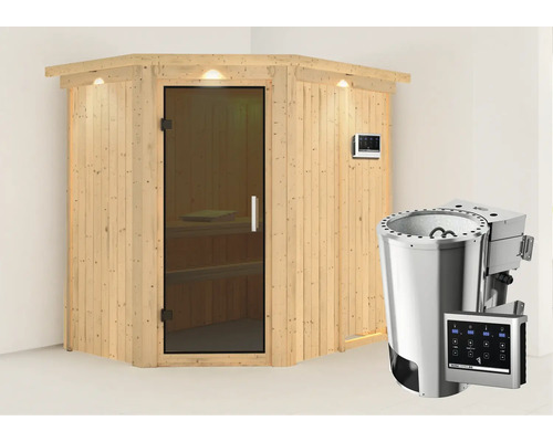 Sauna Plug & Play Karibu Laja avec poêle bio 3,6 kW et commande externe, avec couronne et porte entièrement vitrée coloris graphite