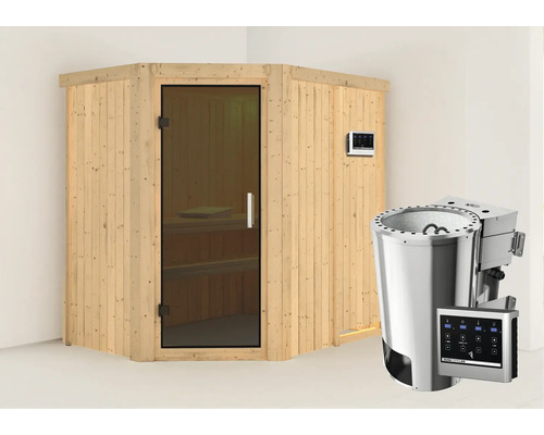 Sauna Plug & Play Karibu Laja avec poêle bio 3,6 kW et commande externe sans couronne, avec porte entièrement vitrée coloris graphite