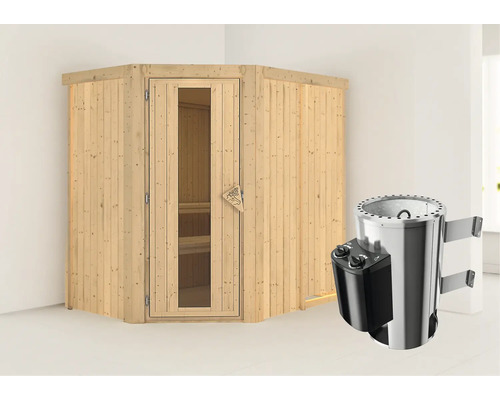 Sauna Plug & Play Karibu Laja avec poêle 3,6 kW et commande intégrée, sans couronne, avec porte bois en verre isolé thermiquement