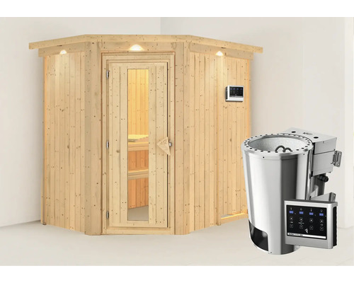 Sauna Plug & Play Karibu Achat IV avec poêle Bio 3,6 kW et commande externe, avec couronne et porte bois en verre isolé thermiquement