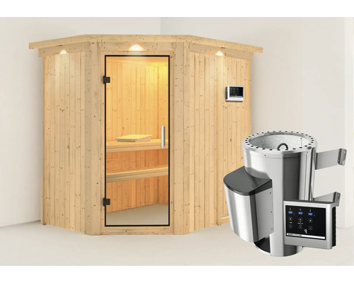 Sauna Plug & Play Karibu Laja avec poêle 3,6 kW et commande externe, avec couronne et porte entièrement vitrée transparente