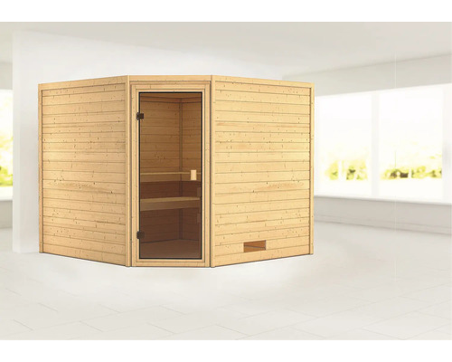 Sauna en madriers Woodfeeling Leona sans poêle ni couronne, avec porte entièrement vitrée coloris bronze