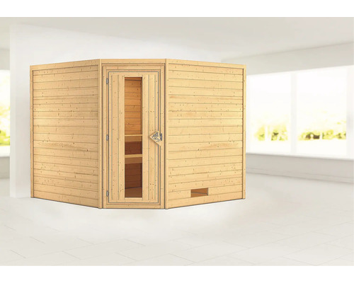 Sauna en madriers Woodfeeling Leona sans poêle ni couronne, avec porte en bois et verre isolé thermiquement