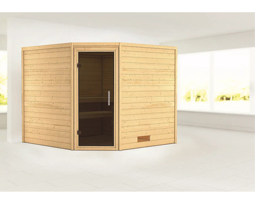 Sauna en madriers Woodfeeling Leona sans poêle ni couronne, avec porte entièrement vitrée coloris graphite