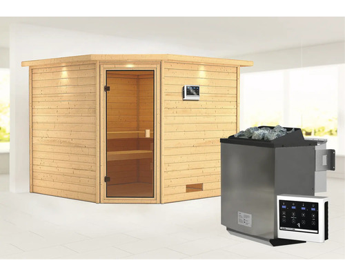 Sauna en bois massif Karibu Leona avec poêle bio 9 kW et commande externe avec couronne et porte entièrement vitrée couleur bronze